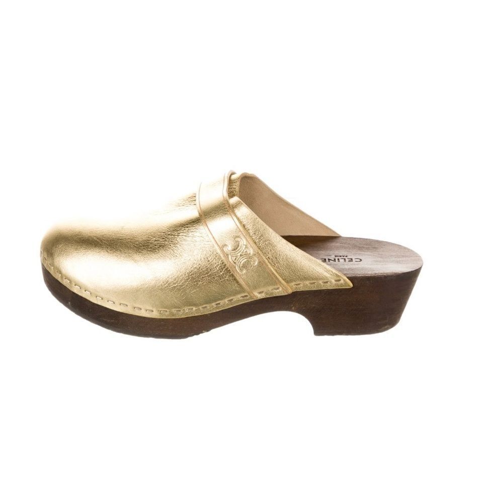 Celine Gold Leather Clogs with Embossed Triomphe Logo